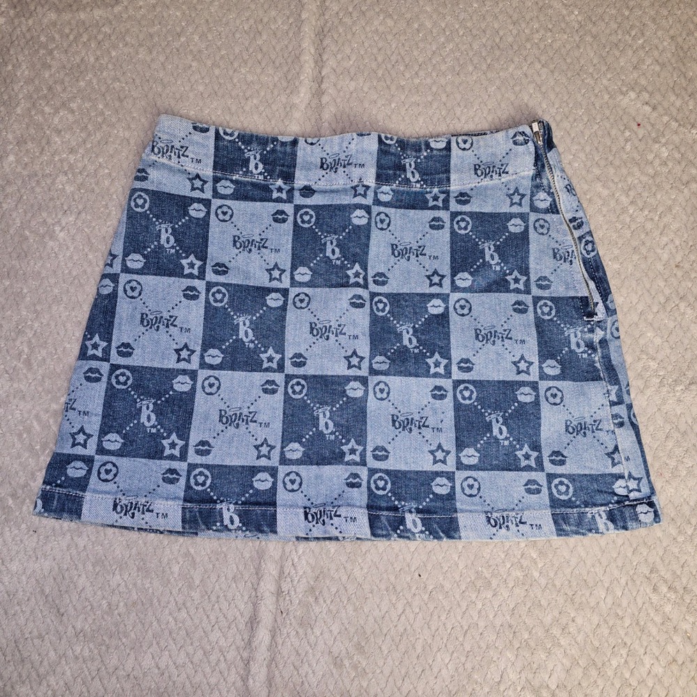 Dolls Kill x Bratz Blue Checkered Denim Mini Skirt Womens Small NEW